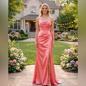 Coral Satin Prom Gown | Size 2 | Corset Bodice with Slit